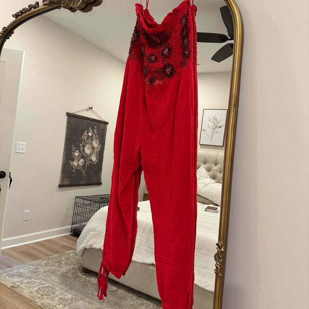 Free People Red Embroidered Jumpsuit